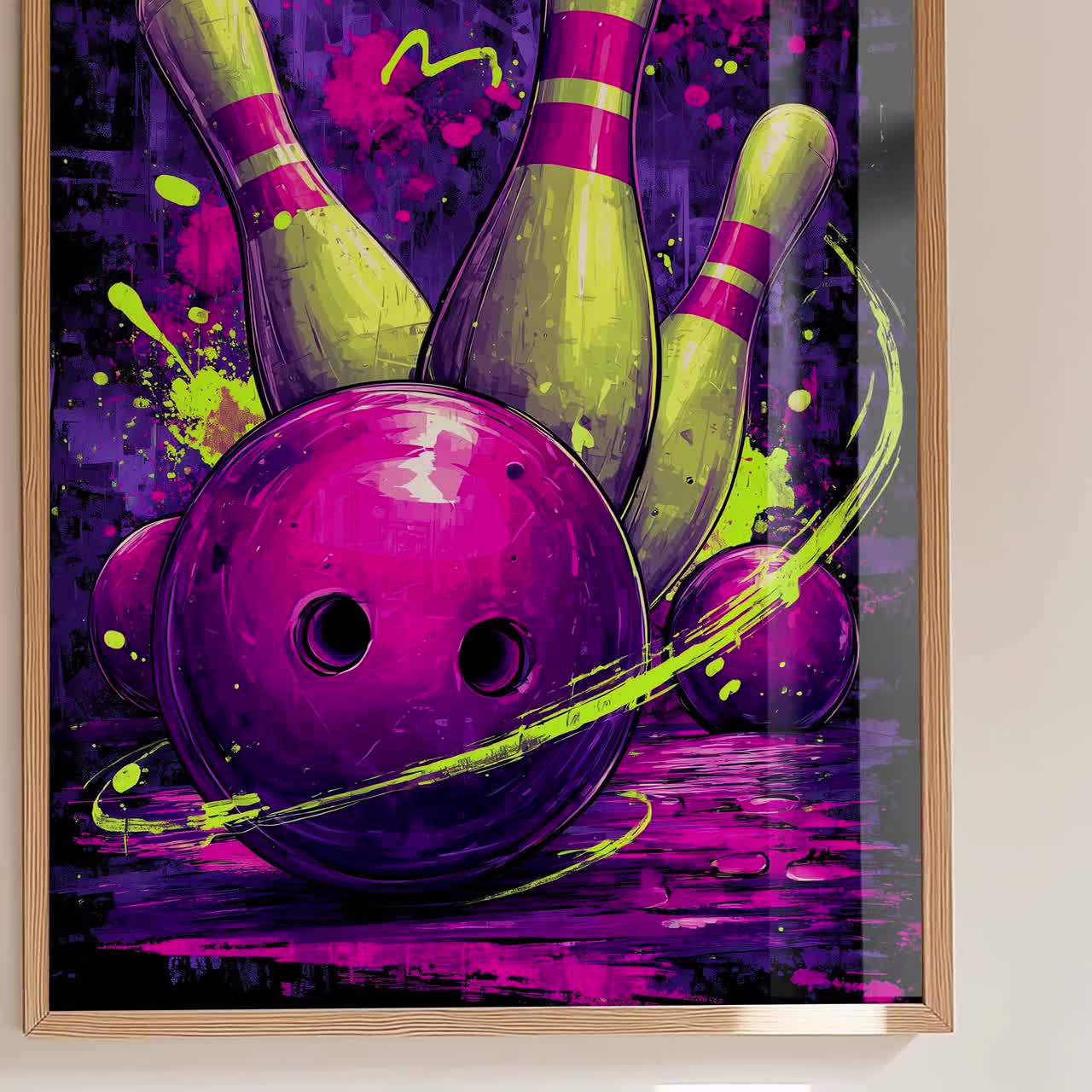Bowling Strike Canvas Art - Neon Purple & Yellow Sports Wall Decor
